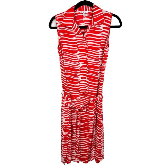 Cabi Brushstroke Button Down Sleeveless Dress Red White Striped Fit & Flare XS - Picture 2 of 14